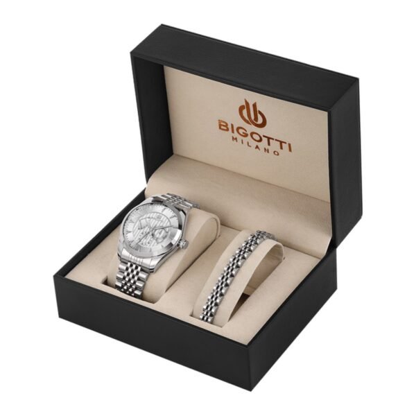 Bigotti BG.1.10650-1 Gümüş Kadran Gümüş Metal Kordonlu Multifonksiyon Erkek Kol Saati ve Bileklik Seti