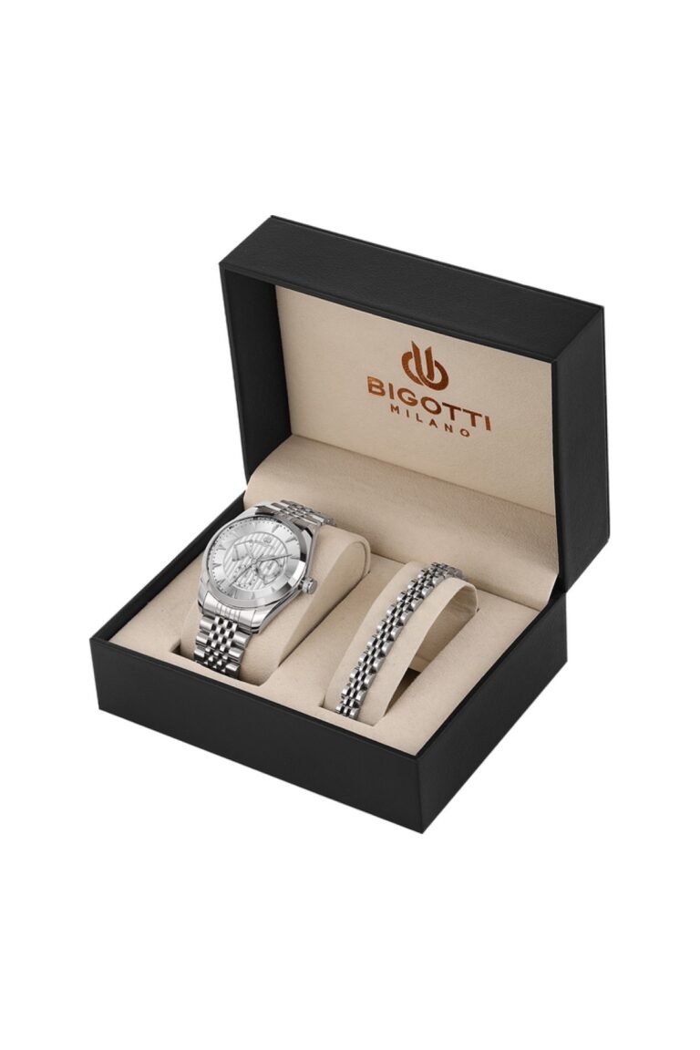 Bigotti BG.1.10650-1 Gümüş Kadran Gümüş Metal Kordonlu Multifonksiyon Erkek Kol Saati ve Bileklik Seti