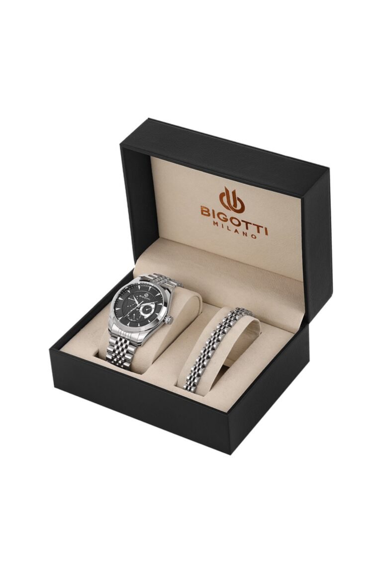 Bigotti BG.1.10650-2 Siyah Kadran Gümüş Metal Kordonlu Multifonksiyon Erkek Kol Saati ve Bileklik Seti