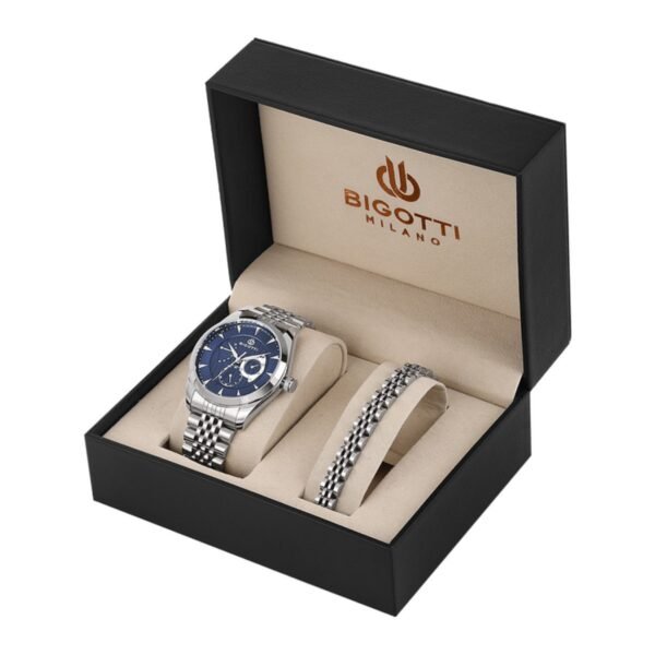 Bigotti BG.1.10650-3 Lacivert Kadran Gümüş Metal Kordonlu Multifonksiyon Erkek Kol Saati ve Bileklik Seti