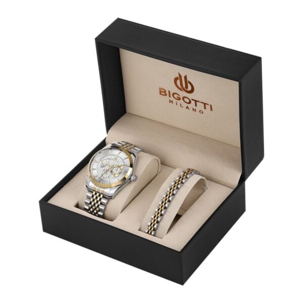 Bigotti BG.1.10650-5 Gümüş Kadran Gümüş-Altın Metal Kordonlu Multifonksiyon Erkek Kol Saati ve Bileklik Seti