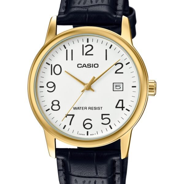 Casio MTP-V002GL-7B2UDF Beyaz Kadran Altın Kasa Siyah Deri Kordonlu Erkek Kol Saati