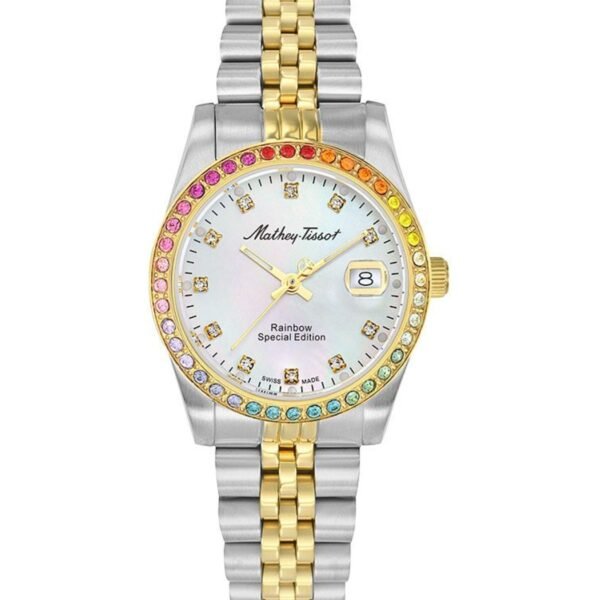 Mathey-Tissot Mathy Rainbow D809BQYI Beyaz Kadran Renkli Taşlı Altın-Gümüş Çelik Kordonlu Kadın Kol Saati