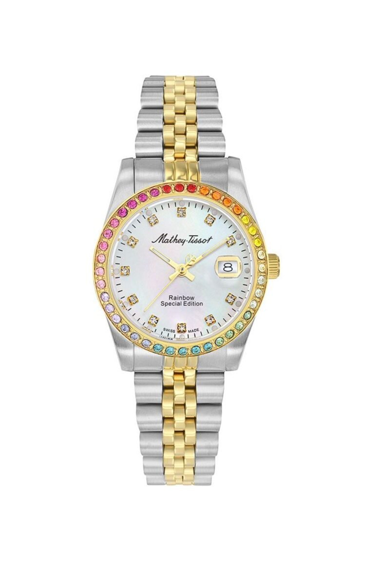 Mathey-Tissot Mathy Rainbow D809BQYI Beyaz Kadran Renkli Taşlı Altın-Gümüş Çelik Kordonlu Kadın Kol Saati