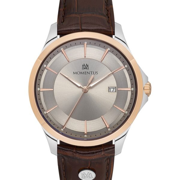 Momentus KC361T-02KR Bej Kadran Gümüş-Rose Kasa Kahverengi Deri Kordonlu Erkek Kol Saati